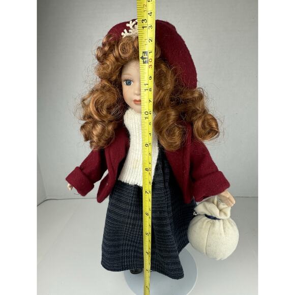 Vintage Porcelain Doll Winter Red Coat plaid dress 13" tall Collectors Choice - Picture 6 of 6